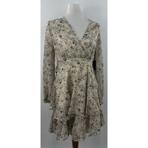 Japna Beige Floral Metallic Ruffle Tiered Long Sleeve V-Neck Mini Dress Size M
